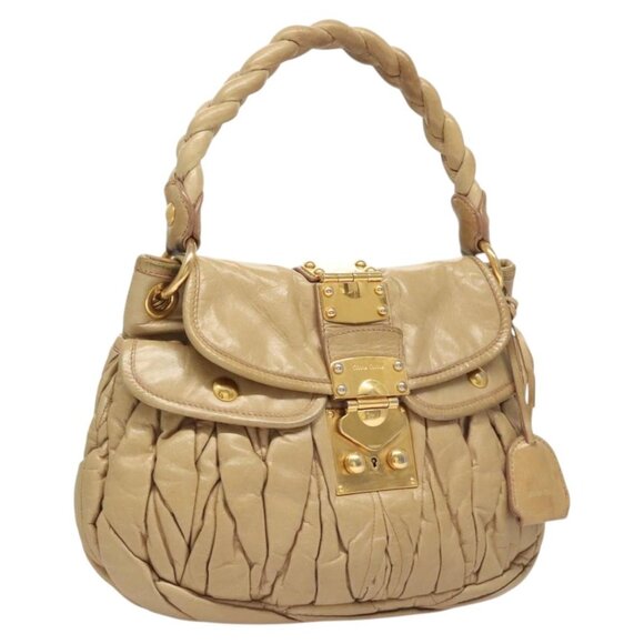 Miu Miu Matelasse Hand Bag Leather Beige Gold Auth 123232